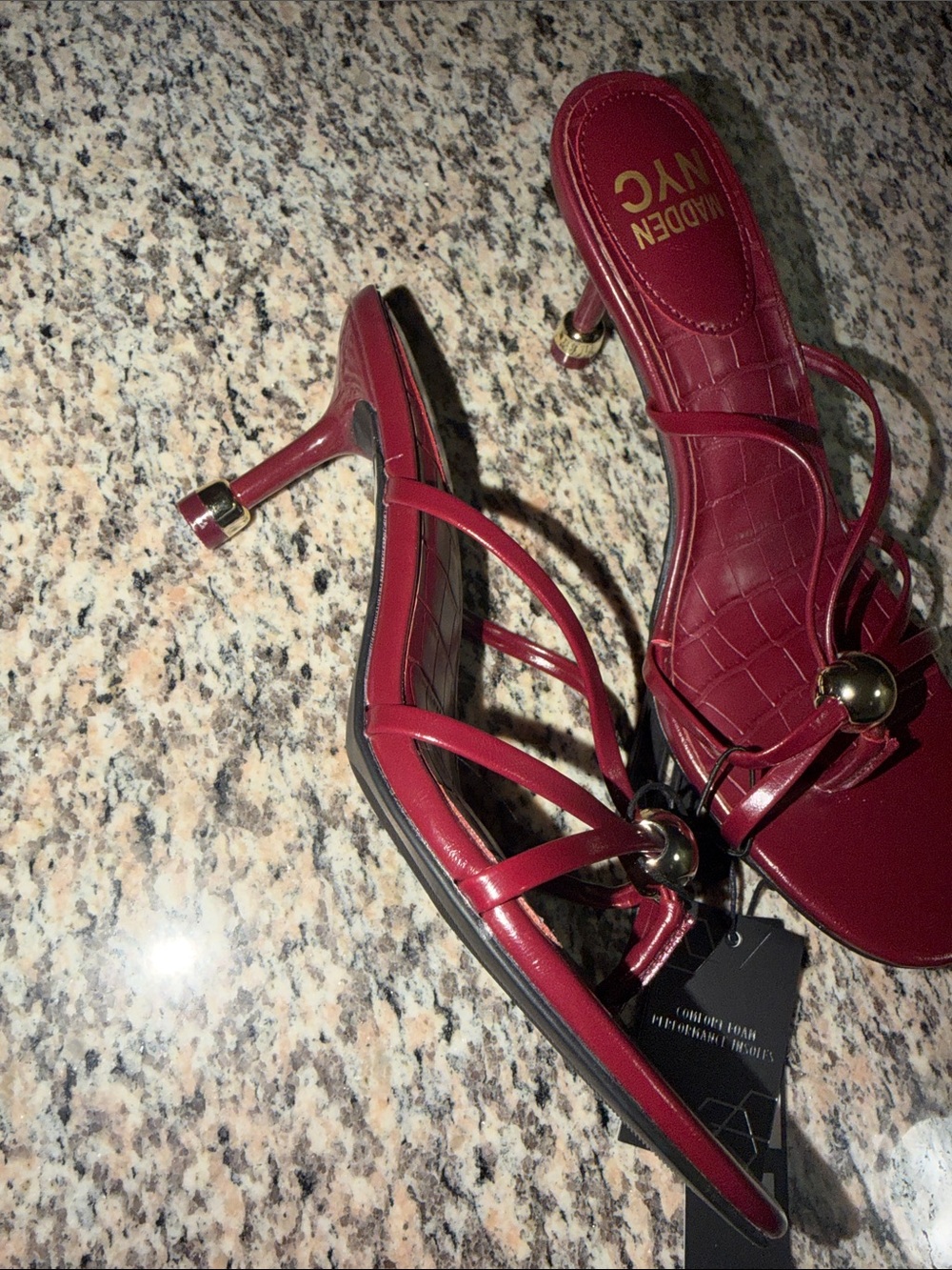 NYC Women's Burgundy Strappy Heeled Sandals with Gold Accent